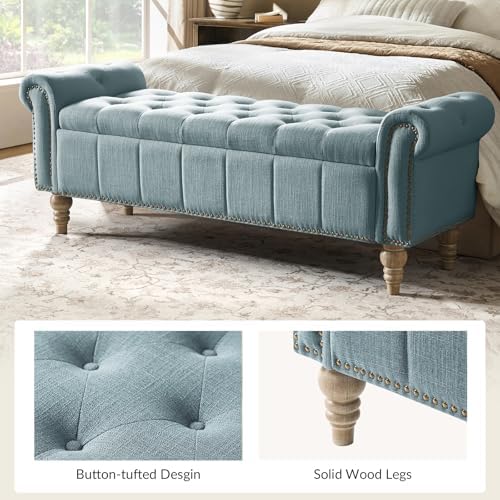 hulala home farmhouse storage bench, blue, side view