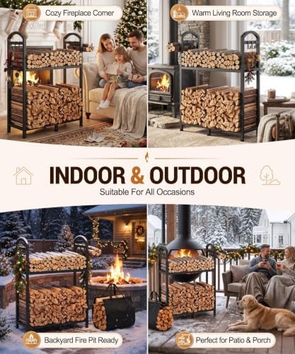 42.5in firewood rack ourdoor with log carrier bag, front angle view
