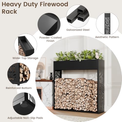 44" firewood rack outdoor with planter & reinforced, close-up detail
