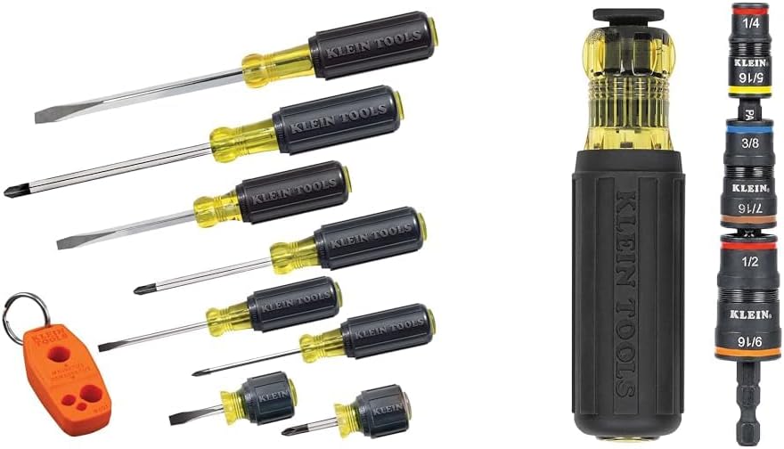 Klein Tools 85148 9-Piece Screwdriver Set and 32910 7-in-1 Impact Flip Socket Set with Handle