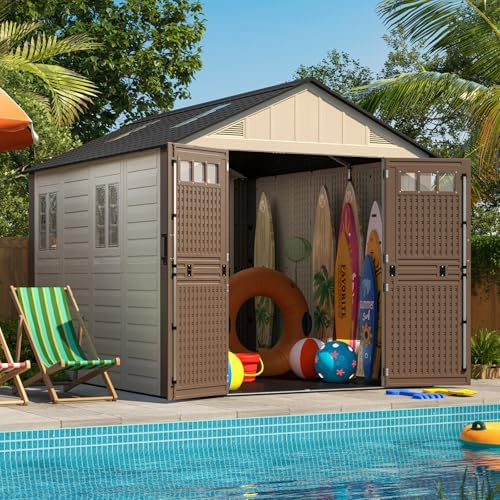8x10 ft outdoor storage shed with floor, large, front angle view
