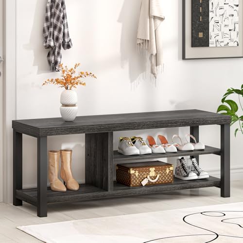 foluban entryway bench, rustic wood shoe storage bench showing dimensions