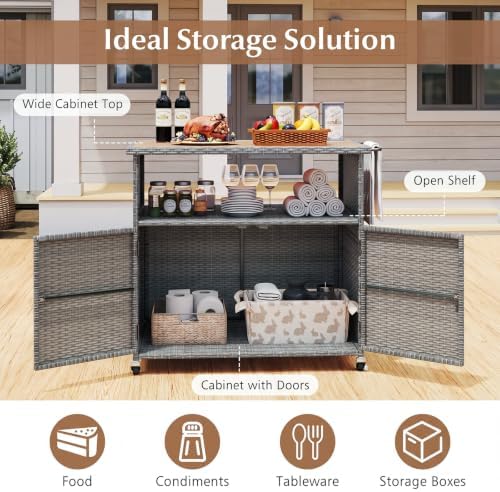 happygrill outdoor storage cabinet with wheels, pe rattan on a desk or shelf