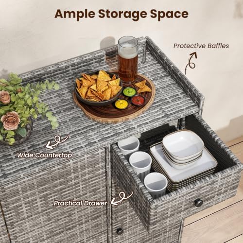 tangkula rattan outdoor storage cabinet with 2 adjustable showing dimensions