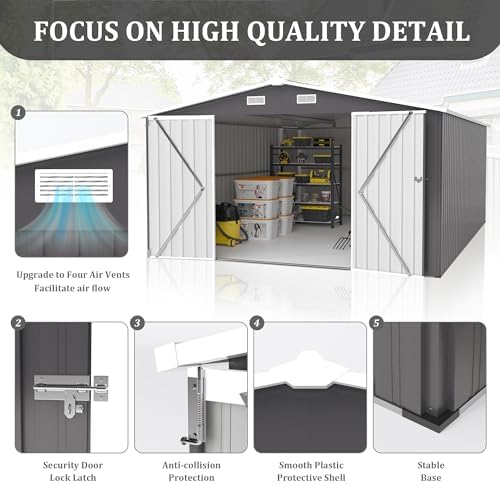 10x14 ft outdoor storage shed, large metal garden, close-up detail