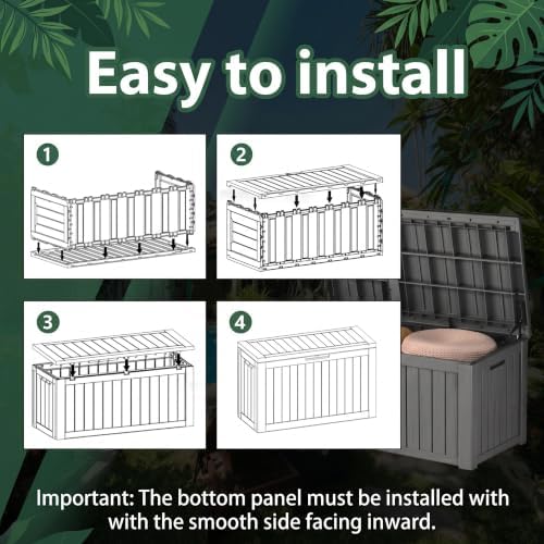 320 gallon resin deck box, waterproof outdoor storage showing dimensions