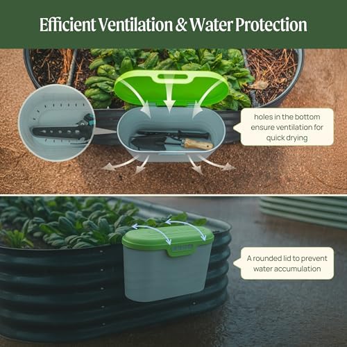 vego garden heavy-duty hanging garden toolbox, weather-resistant durable showing dimensions