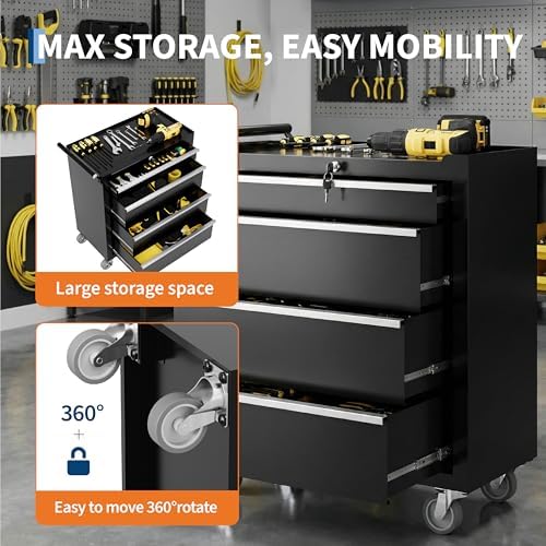 garvee rolling tool chest, 4 drawers tool storage, side view