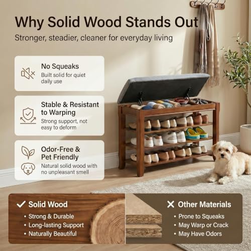 solid wood shoe rack bench with storage, flip-top, close-up detail