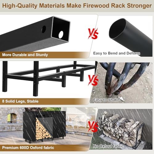 4ft outdoor firewood rack, wood storage with 600d showing dimensions
