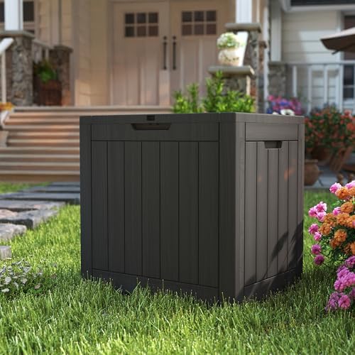 35 gallon deck box outdoor cushion storage waterproof on a desk or shelf