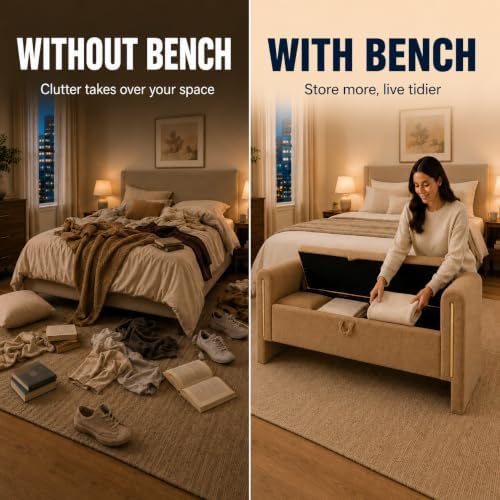 52" upholstered storage bench, brown, armrests, wood frame on a desk or shelf