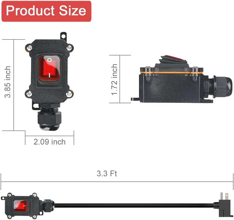 Inline Cord Switch with 3.3FT 14AWG Cable Piggyback Plug(3-Pronged), IP67 Waterproof Extension Cord with On/Off, AC/DC 20A-125V Inline Power Switch with Red LED Rocker Button