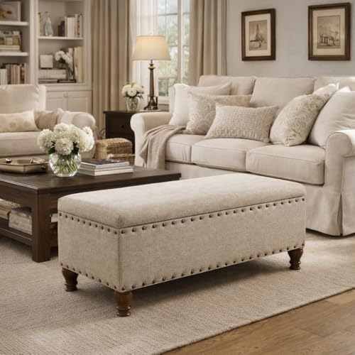 homepop large storage bench with nailhead trim, side view