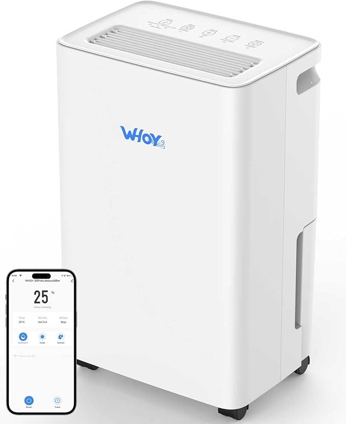 Dehumidifier for Basements, 2000 Sq. Ft., 30 Pints, Max 50 Pints 1.6L Tank by WHOY