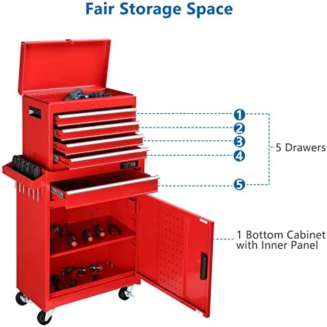 tuffiom 5-drawer rolling tool chest, tool storage cabinet, side view
