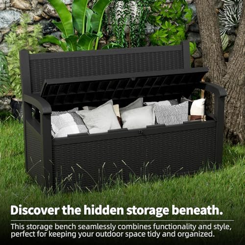 rojik 80 gallon storage bench deck box outdoor showing dimensions