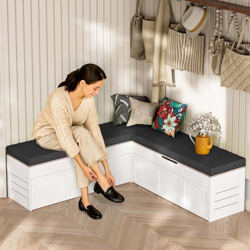 l-shaped corner storage bench with cushion, backless wood, view 9