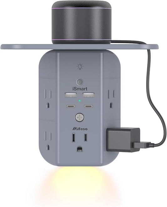 Wall Outlet Extender with Shelf and Night Light, Surge Protector, USB Wall by Mifaso