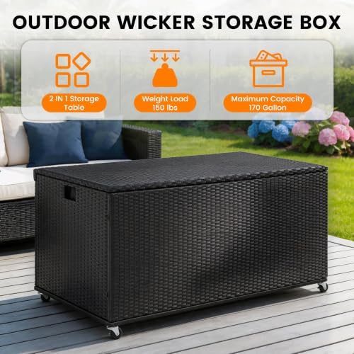 sundale 170 gallon oudoor deck box, large rattan on a desk or shelf