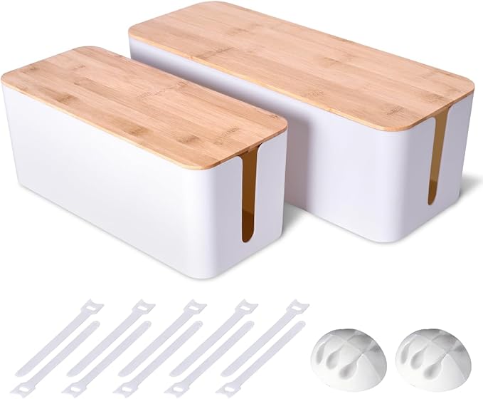 2 Pack Large Cable Management Box – Wooden Style Cord Organizer and Cover by Chouky