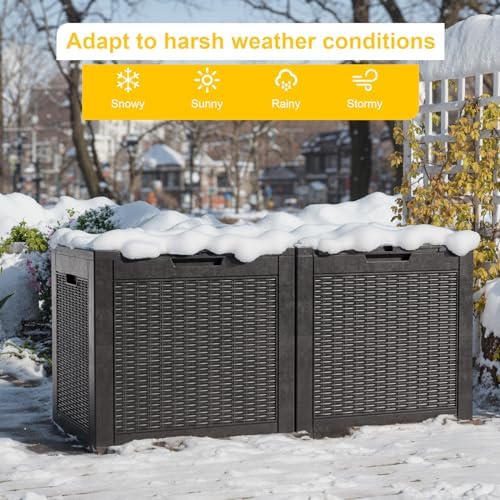 waterproof outdoor storage box, 31 gallon lockable deck showing dimensions