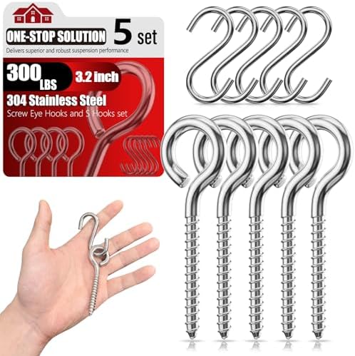 300LB 304 Stainless Steel 3.2inch Screw Eye Bolt Hook with S-Hook | Screw Eye Hooks for Wood, Hammock, Outdoor String Lights, Hanging Plants, Swing, Wind Chimes & Rope Tie Down, set of 5