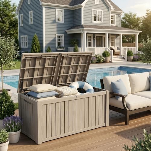 200 gallon outdoor deck box waterproof, large storage shown in use