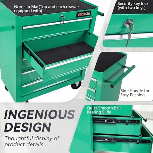 5 drawers rolling tool chest on wheels, multifunctional on a desk or shelf