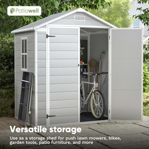 patiowell 6x4 ft resin outdoor storage shed with on a desk or shelf