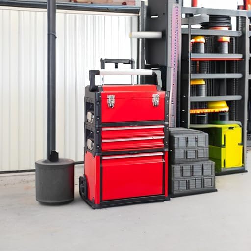 big red stackable portable metal tool box organizer showing dimensions