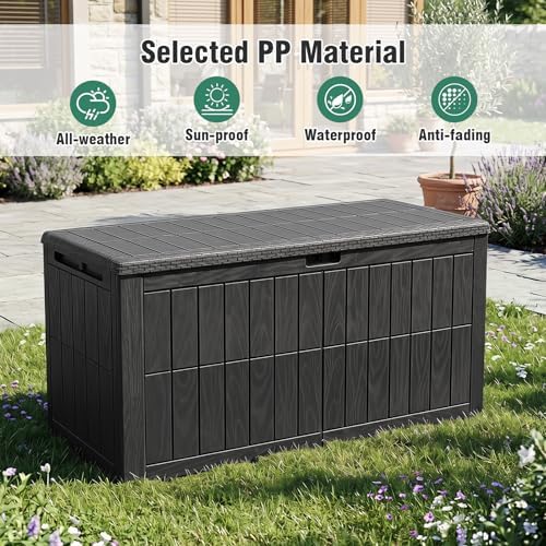 tangkula 120 gallon waterproof outdoor storage box with showing dimensions