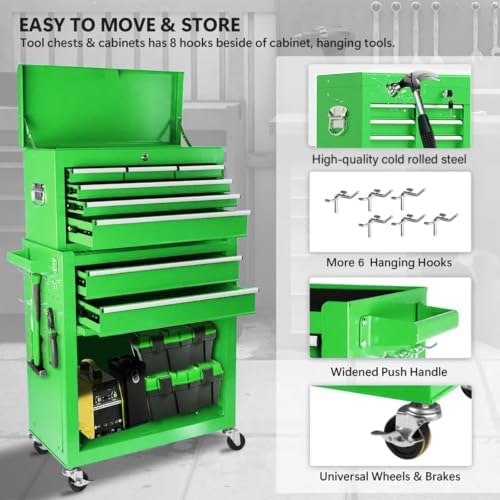 8-drawer rolling tool chest with detachable top tool showing dimensions