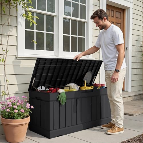 devoko 78 gallon deck box, waterproof resin outdoor showing dimensions