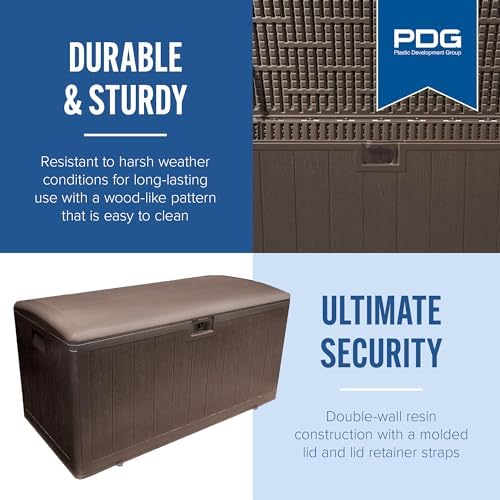 plastic development group outdoor deck box, soft close shown in use