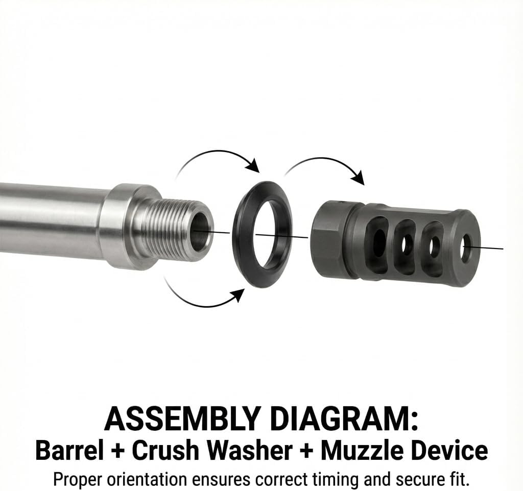 1/2x28 Crush Washer for .223 5.56, 5 Pack, Black Oxide Steel | Single use conical washer for 1/2x28 threads. Compresses under torque to seat the mating part square