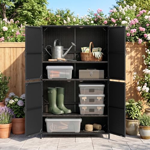tangkula rattan outdoor storage cabinet, patiojoy outdoor cabinet shown in use