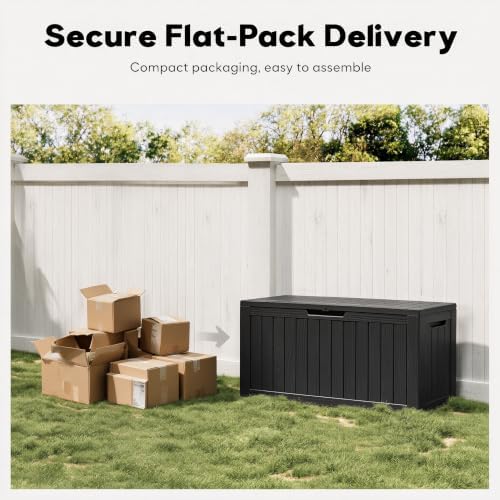 91 gal deck box,waterproof resin outdoor storage gas, side view