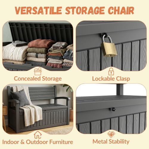 100 gallon outdoor storage bench, lockable for patio showing dimensions