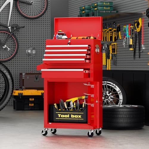 crownland 5-drawer rolling tool chest with wheels, red shown in use