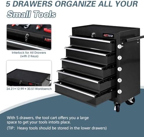 5 drawers rolling tool chest on wheels, multifunctional showing dimensions