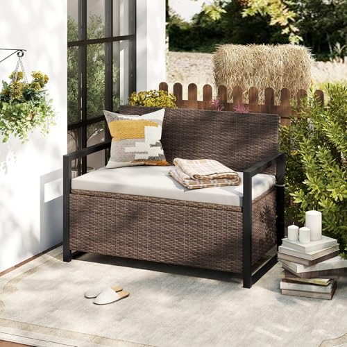 relax4life wicker rattan outdoor storage loveseat bench mix shown in use