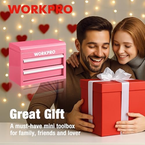 workpro metal mini tool box with 2 drawers, front angle view