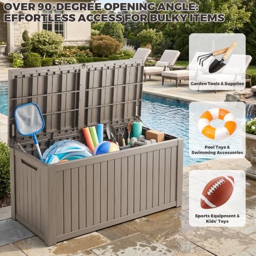 outdoor storage box, 200 gallon waterproof deck box, front angle view