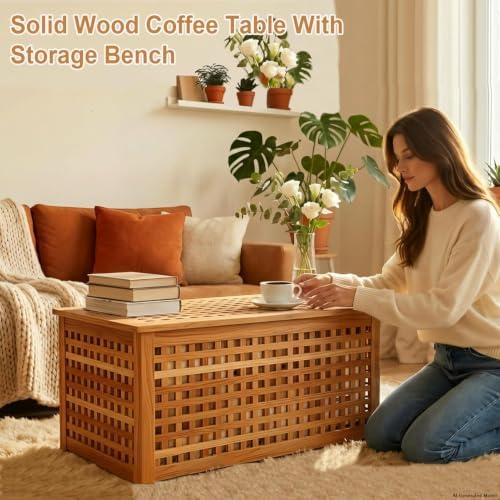 solid wood entryway bench with storage, storage chest, front angle view