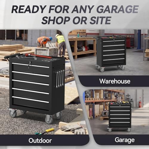 5-drawer rolling tool chest with wheels, metal tool on a desk or shelf