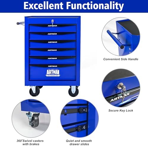 6-drawer heavy-duty rolling tool chest, lockable box organizer showing dimensions