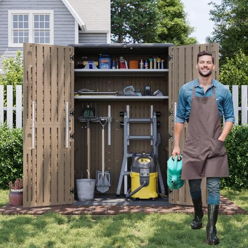 aoxun outdoor storage shed with 2 shelves & shown in use