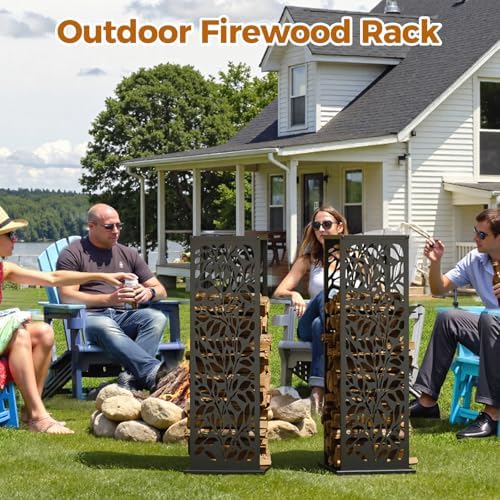 4ft firewood rack with leaf pattern, fire wood, close-up detail