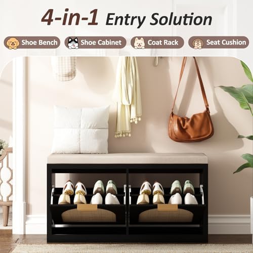 rattan narrow entryway bench with shoe storage, 2 showing dimensions